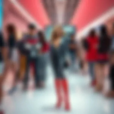 Lusamine showcasing trendy pumps, engaging with people discussing their appeal.