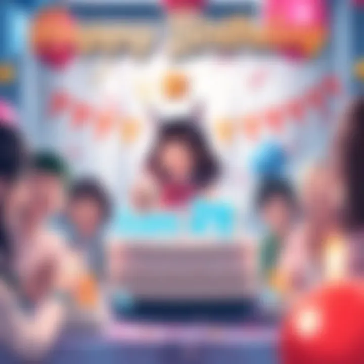 A joyful gathering celebrating Lydia Mackay's birthday with decorations and cake, highlighting her role as Nanaba in anime.