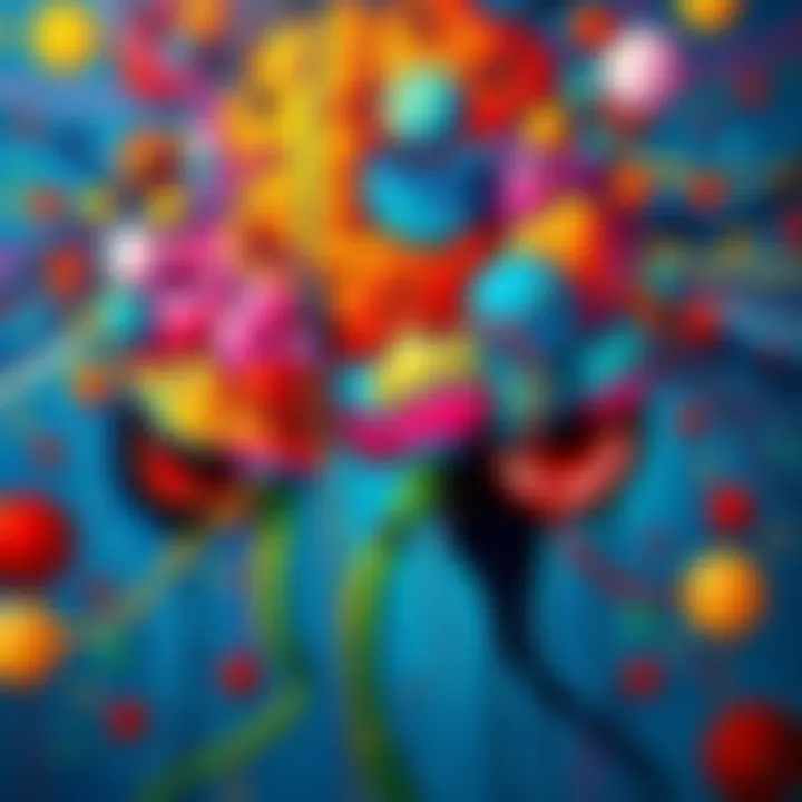 A vibrant abstract painting representing Lyudmila's connection to neurology, showcasing colorful patterns and shapes that symbolize brain activity and creativity.