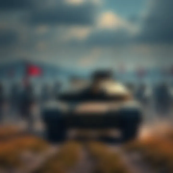 An M1A2 SEP V3 tank stands ready for battle against a large group of knights in armor, set in a dramatic landscape.