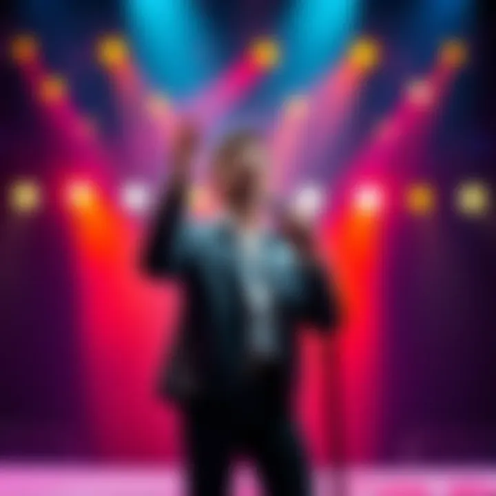 Machiato singing on stage with colorful lights in the background