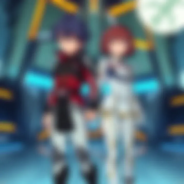 Two main characters from Macross Plus standing together in a futuristic setting, showcasing their distinctive outfits and expressions in an animated style.