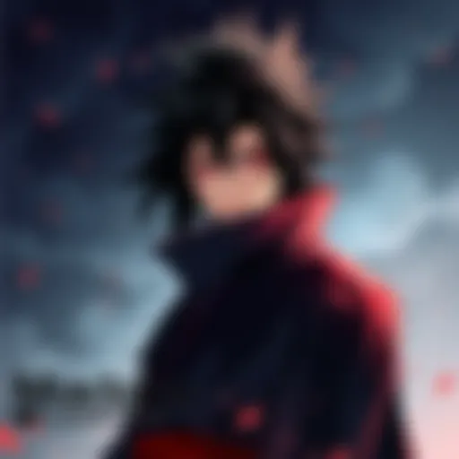 A character with striking features and dark attire, resembling Madara from anime, stands confidently with a powerful presence.
