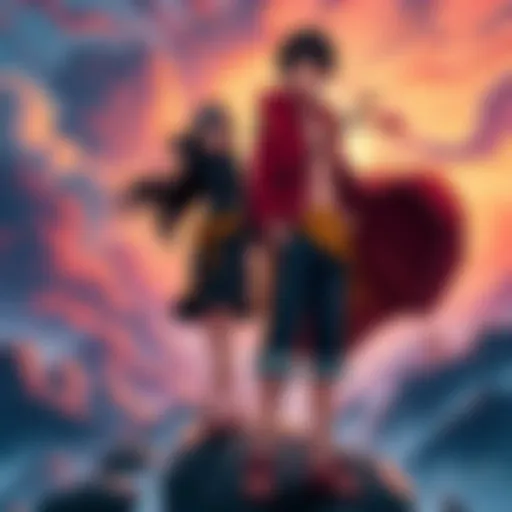 Madara Uchiha from Naruto standing alongside Luffy from One Piece, both characters in a dramatic pose on a shared landscape, representing their unique worlds colliding.