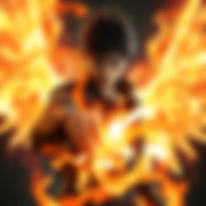 A character named Mael demonstrating the 'Burning Angel' semblance, surrounded by swirling flames and glowing aura, ready for combat.