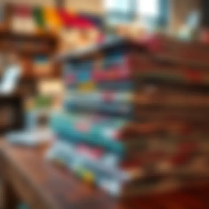 Magazine stack on a table A stack of colorful magazines on a table, showcasing various covers and designs.