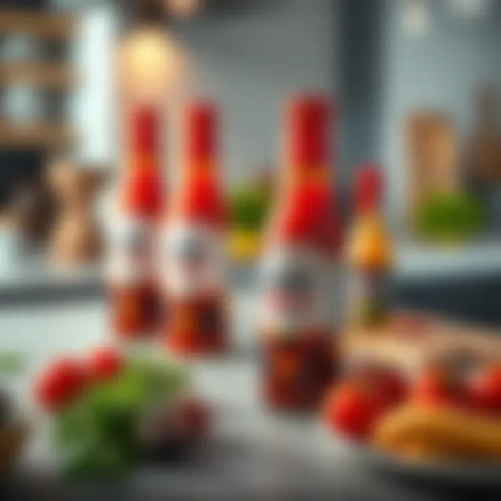 A collection of Magi sauce bottles arranged on a kitchen counter with fresh ingredients nearby