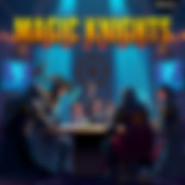 A group of Magic Knights discussing the balance between strength and morals in a lively debate setting.