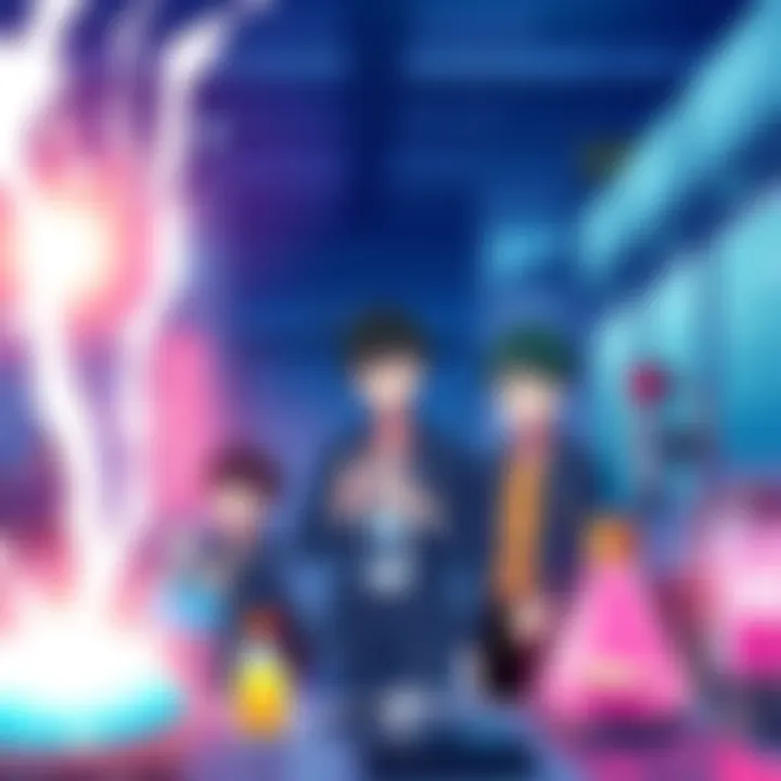 A scene from 'The Irregular at Magic High School' showing students practicing magic with scientific equipment.