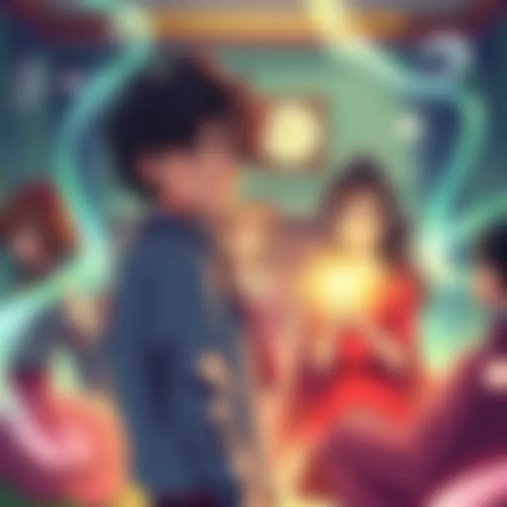 A weak protagonist at a magic school surrounded by characters rich in magical powers and a childhood friend, set in a colorful fantasy environment