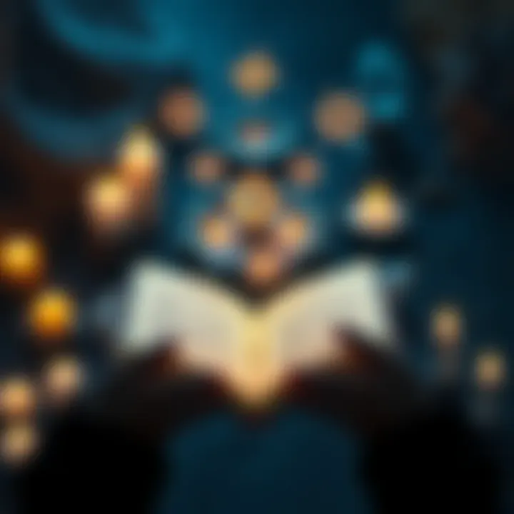 A person holding an open spellbook with glowing symbols floating above it, surrounded by candles and crystals.