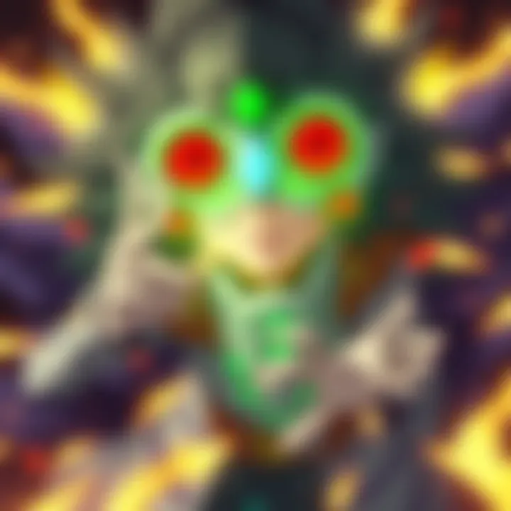 A scene showing Mahito with Six Eyes activated, showcasing his transformed abilities as he prepares to battle Sukuna.