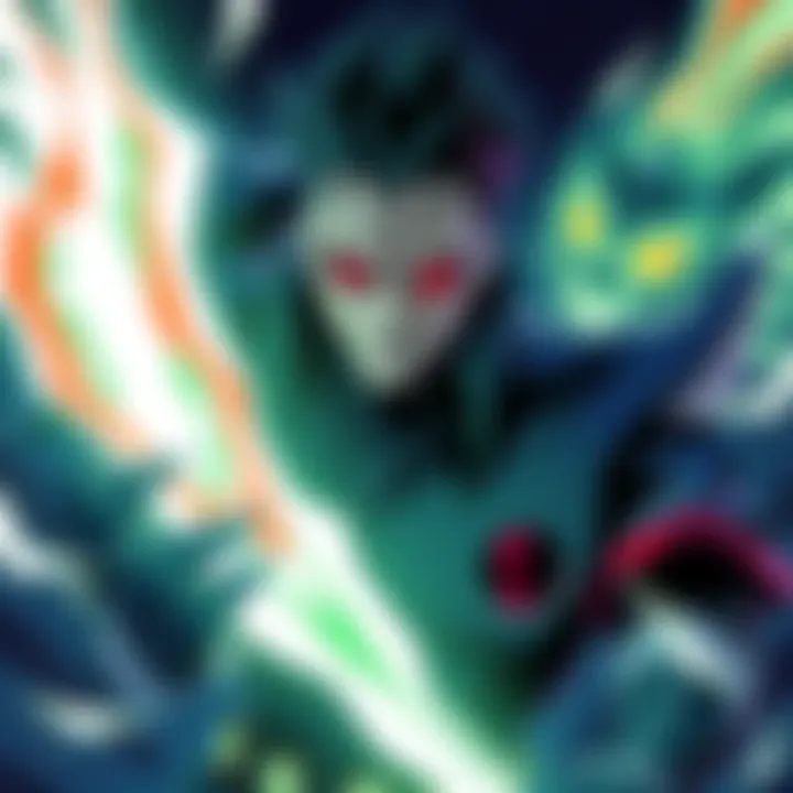 An illustration of Mahito, showcasing his chilling design and powers, with a dark background to highlight his intimidating presence.