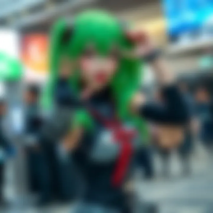 A fan dressed as Mahito, a character with green hair and a dark outfit, posing creatively for a cosplay event.