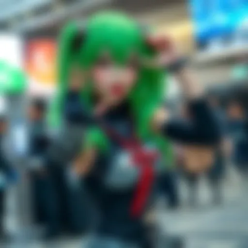 Mahito Cosplay Showcase A fan dressed as Mahito, a character with green hair and a dark outfit, posing creatively for a cosplay event.