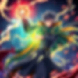 An illustration of Mahito using his Idle Transfiguration power on a human, transforming them into a strong sorcerer with glowing cursed energy surrounding them.