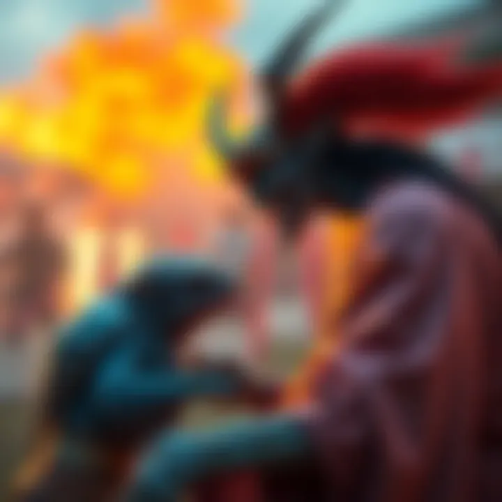 Mahoraga, a non-human being, showcasing its ability to adapt while interacting with Dabura, highlighting their unique traits.