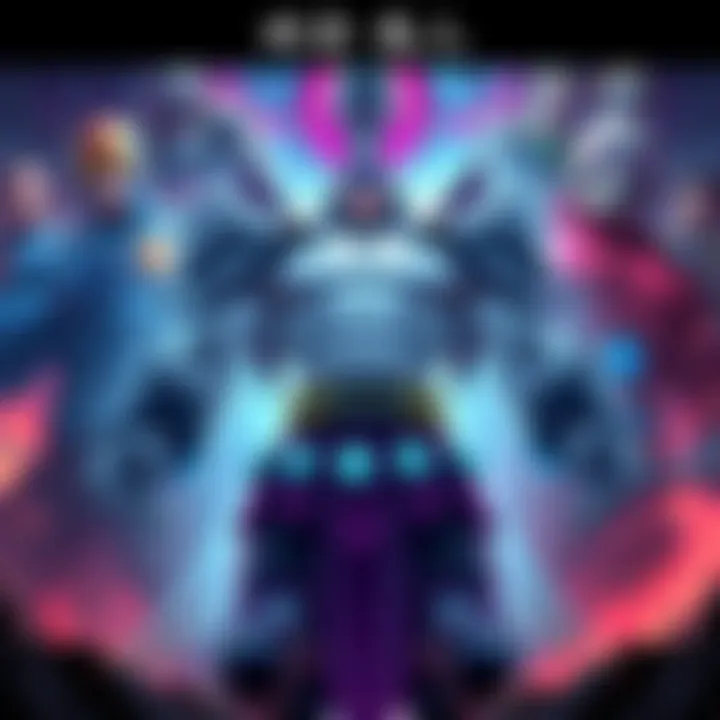 Illustration of a strong character inspired by Mahoraga from JJK, showcasing features of power and adaptability, surrounded by other strong characters like Doomsday.