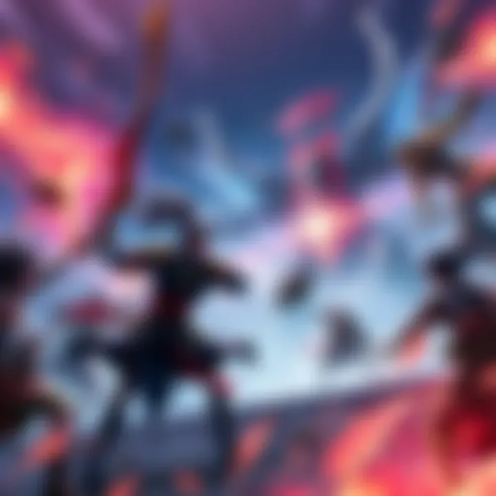 A depiction of Mahoraga, a powerful stand, engaging in battle against various characters. The scene shows Mahoraga's unique attributes and strength as it confronts opponents like Sukuna.