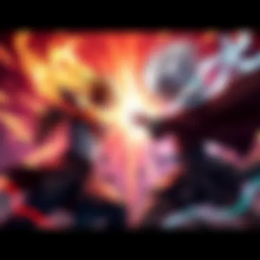 An intense battle scene featuring Mahoraga and Sukuna clashing with powerful energy effects around them