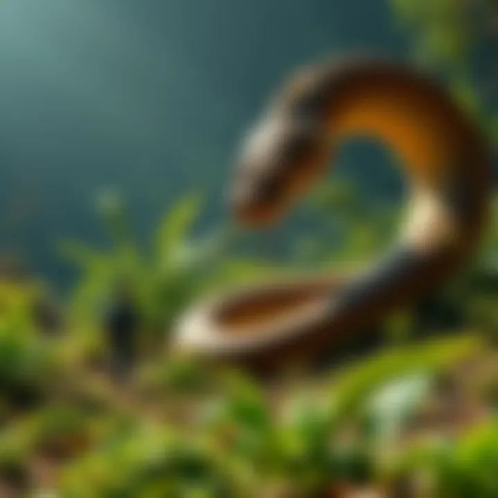 A person cautiously approaching a large, coiled serpent-like creature, symbolizing Mahoraga, surrounded by lush greenery.