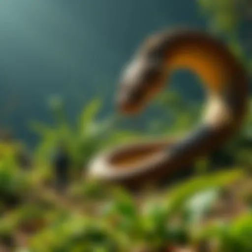 Mahoraga Taming Scene A person cautiously approaching a large, coiled serpent-like creature, symbolizing Mahoraga, surrounded by lush greenery.