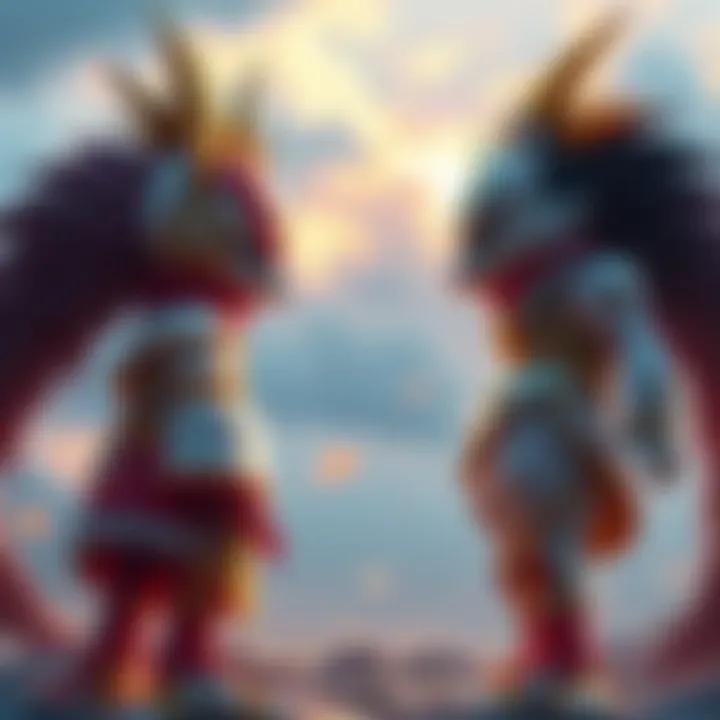 Mahoraga and Tooru standing opposite each other, preparing for an intense battle in a vibrant Morioh setting