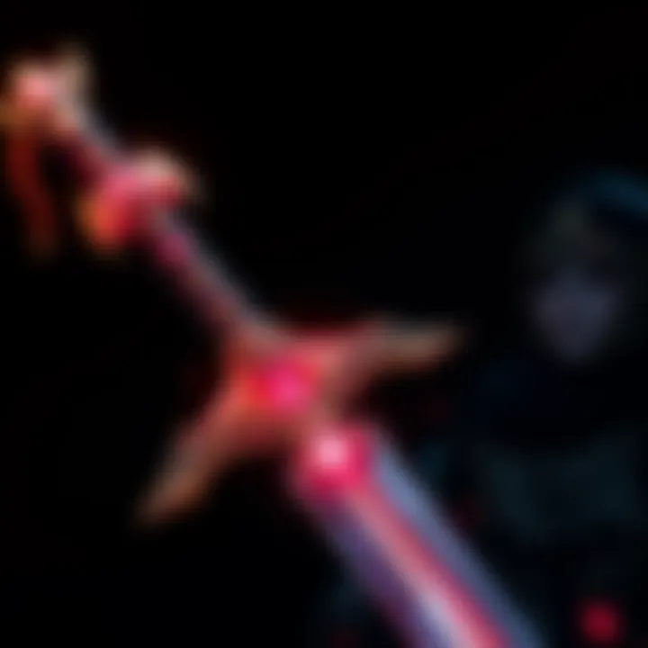 A close-up view of Mahoraga's sword, showcasing its unique design and glowing reverse cursed energy aura, set against a dark background.