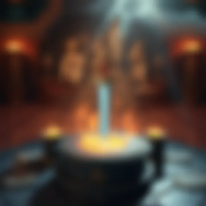 A glowing sword representing Mahoraga, emanating positive energy, placed on a stone altar surrounded by mystical symbols.