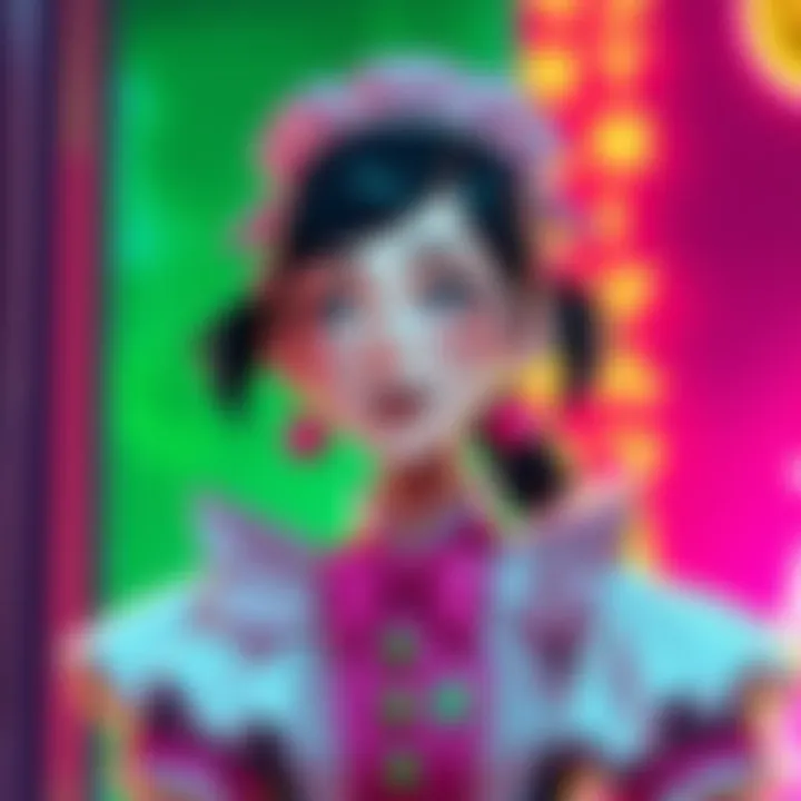 A character from Maid Bae in a colorful outfit, expressing emotions with vibrant background