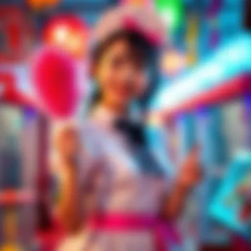 A maid girl dressed in a classic outfit, smiling playfully while holding a feather duster, surrounded by colorful decorations.