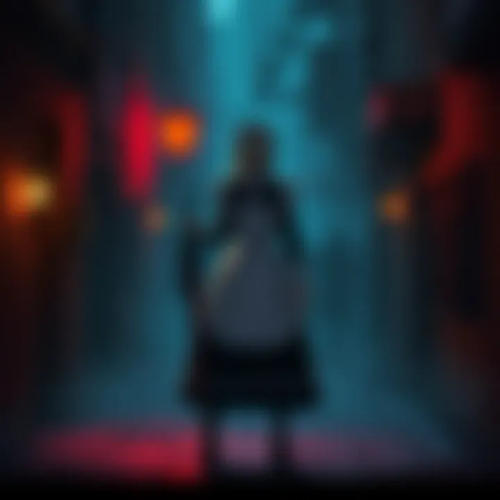 Maid Kronii Confronting Residents Maid Kronii stands bravely in a dark alley, facing off against menacing shadows of evil residents.