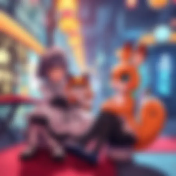 Maid Reze, a stylish character, interacts playfully with Pochita, a small, cute creature, in a vibrant setting that shows their bond and connection.