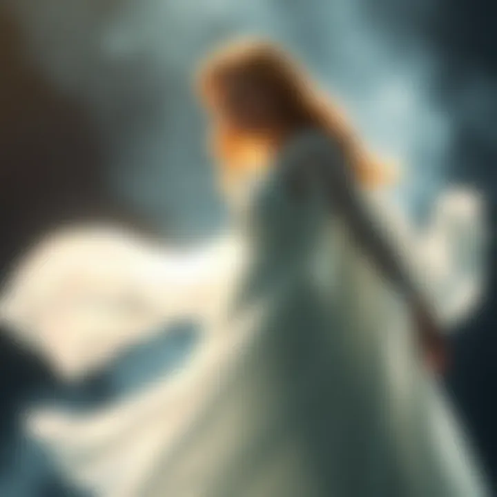 A woman in a flowing gown, symbolizing purity and innocence, surrounded by soft light