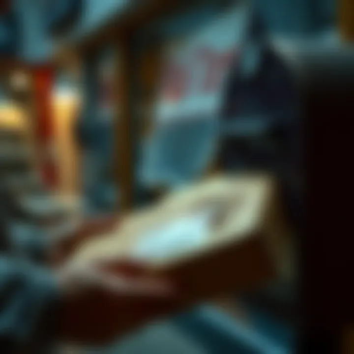 A person preparing a package for mailing, showing a box, address label, and a mailbox.