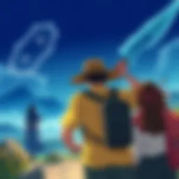 Two main characters, one with a straw hat and the other with a Nichirin blade, walking side by side while ignoring a female figure in the background, depicting their focus on adventure over romance.