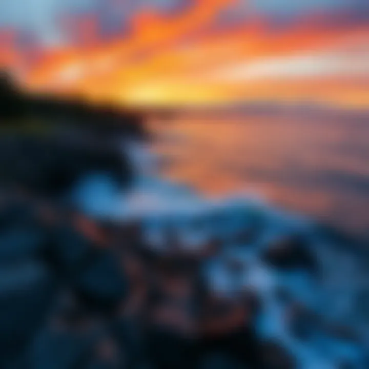 A beautiful sunset over the rocky coastline of Maine, with waves crashing against the shore and colorful skies.