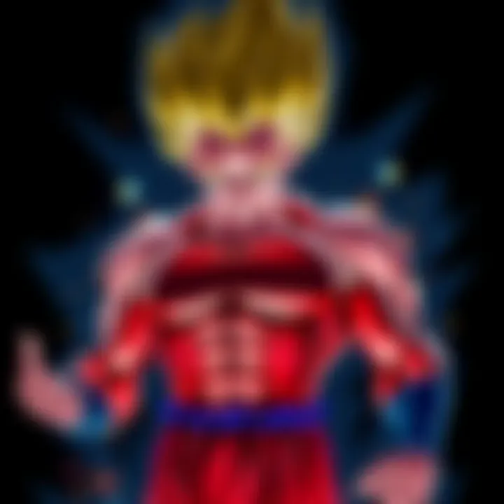 Majin Vegeta showcasing muscular vascularity during his SSJ2 transformation, with intense focus and energy radiating from his body.