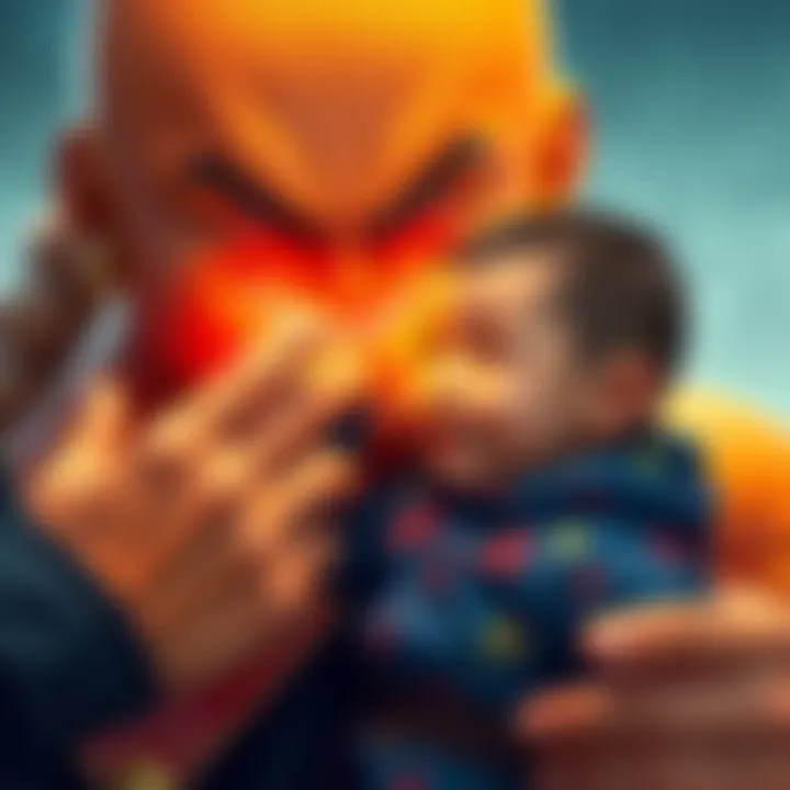 Majin Buu gently touching a child's eyes, restoring their sight with a warm smile