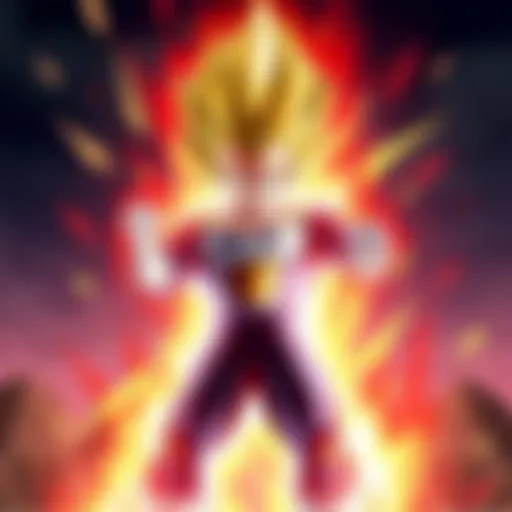 Majin Vegeta in action Majin Vegeta in a powerful stance, showcasing his signature look with a fierce expression, surrounded by a glowing aura