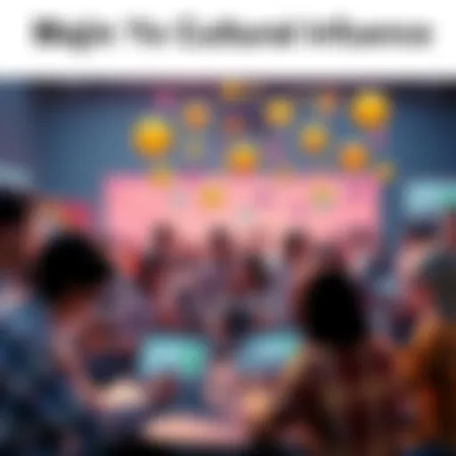 A vibrant gathering of people discussing Majin Ye culture in an online forum setting, showcasing laptops and smartphones with various icons and emojis representing community engagement.