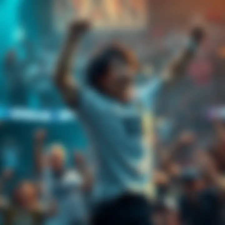 Maki celebrating victory over Naoya Maki joyfully celebrating after defeating Naoya in a match, surrounded by cheering fans