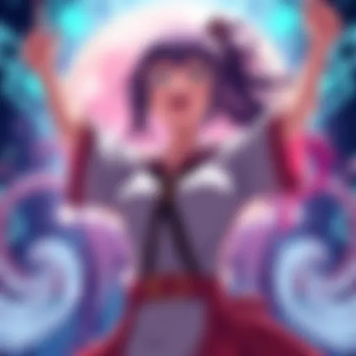 Maki stands triumphantly after defeating Naoya and Jinchi, showing her strength and determination. The background hints at her sister's influence and Toji's presence.