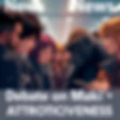 A group of people discussing Maki's portrayal and attractiveness, highlighting the 'ogress gorilla' comments, with expressions of concern and curiosity.