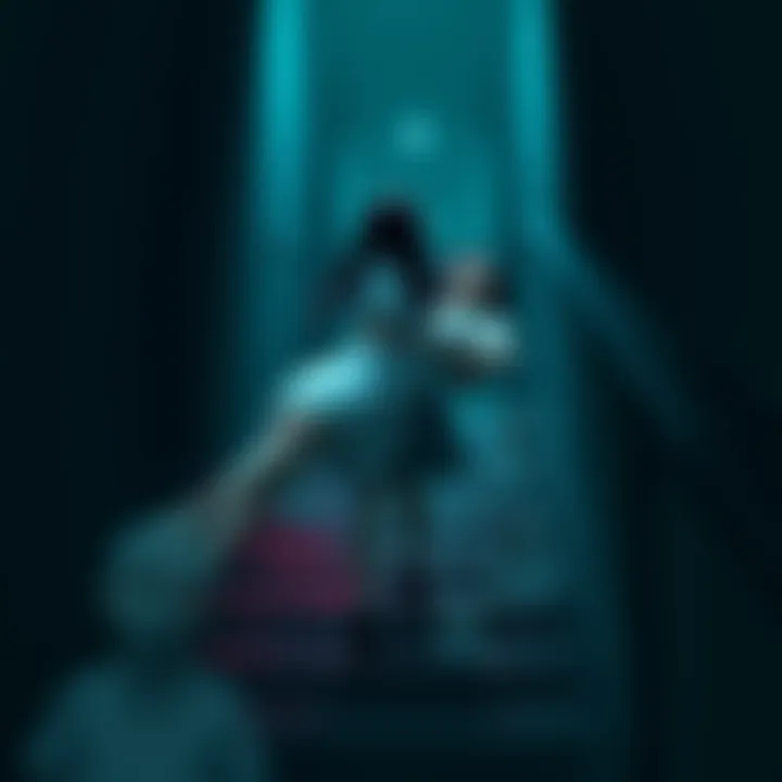 Maki struggles as she carries Mai's body down a dark, eerie staircase, surrounded by ghostly shadows.