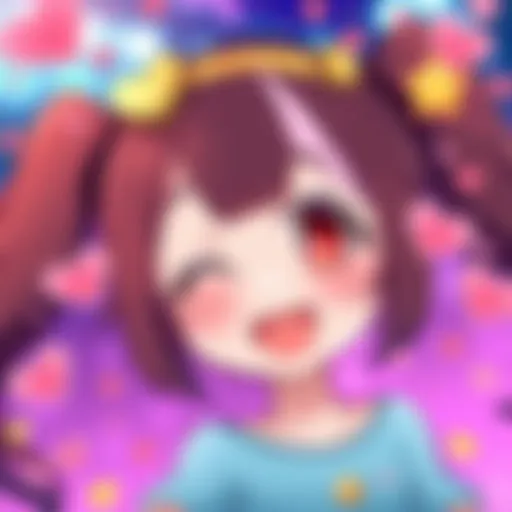 Maki with a playful smile Maki, a cute animated character, smiles cheerfully while surrounded by colorful hearts and stars, showcasing her charming personality.