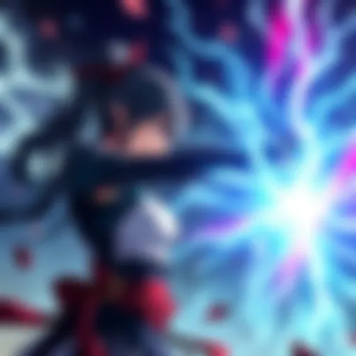 Maki stands ready to fight, showcasing determination as she faces Sukuna, with energy crackling around her.