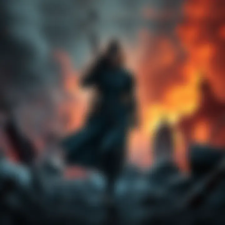 Maki looks fierce and determined, surrounded by the ruins of the Zenin Clan and symbolism of justice and revenge