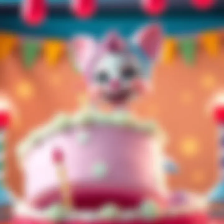 Makima character holding an oversized cake, with a playful expression, surrounded by colorful decorations