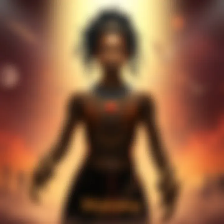 Makima in the spotlight Makima stands confidently, with a determined expression, surrounded by symbolic elements reflecting her complex role in the story.